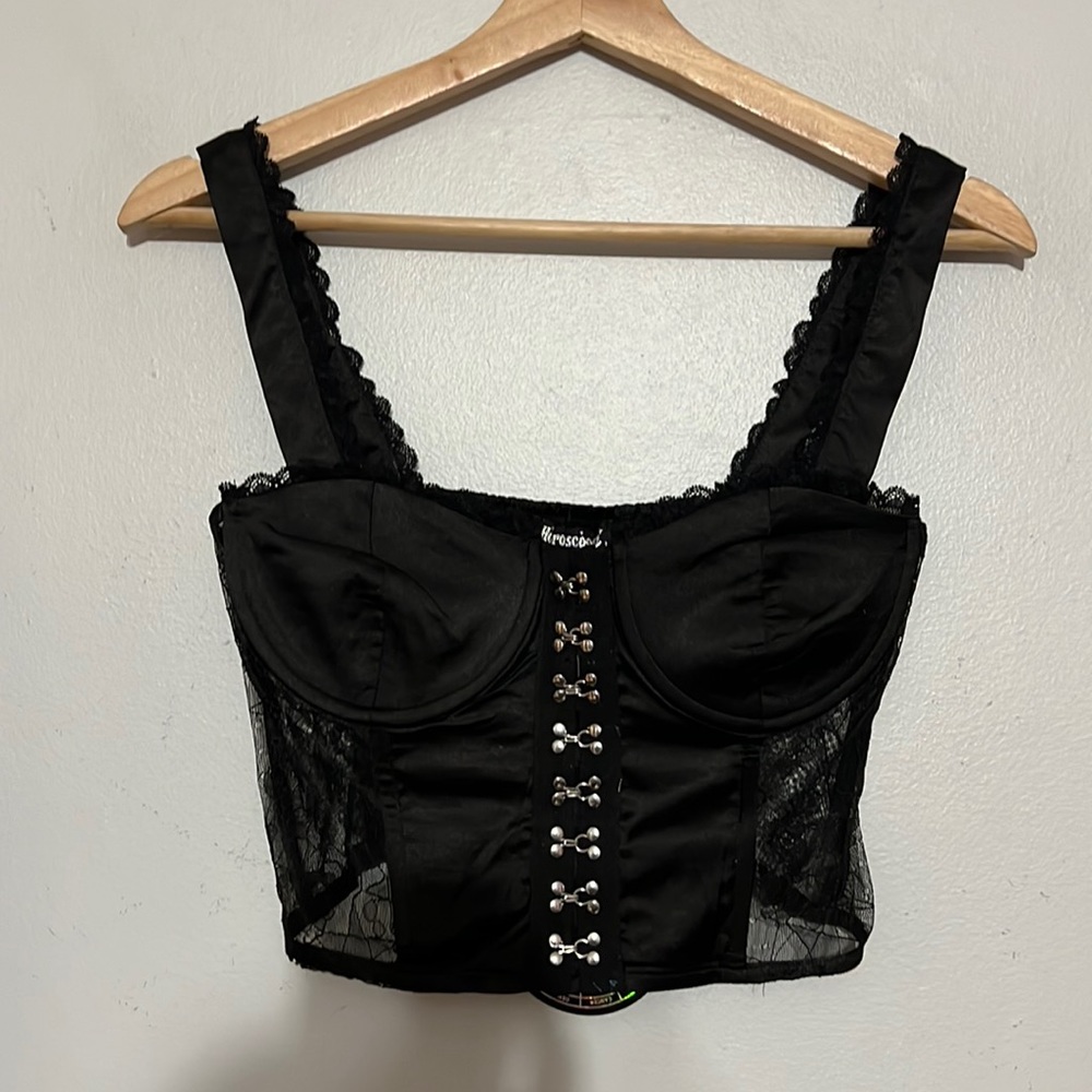 Dolls Kill Horoscopez Pass The Crystals Black Satin Corset Top